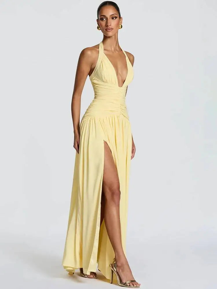 Women Halter Sexy Maxi Dress Deep V Neck Pleated Backless High Split Evening Party Dress Elegant Beach Long Dresses