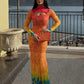 See Through Mesh Print Mermaid Dresses Woman Sexy Beach Party Hollow Long Sleeve Maxi Dress