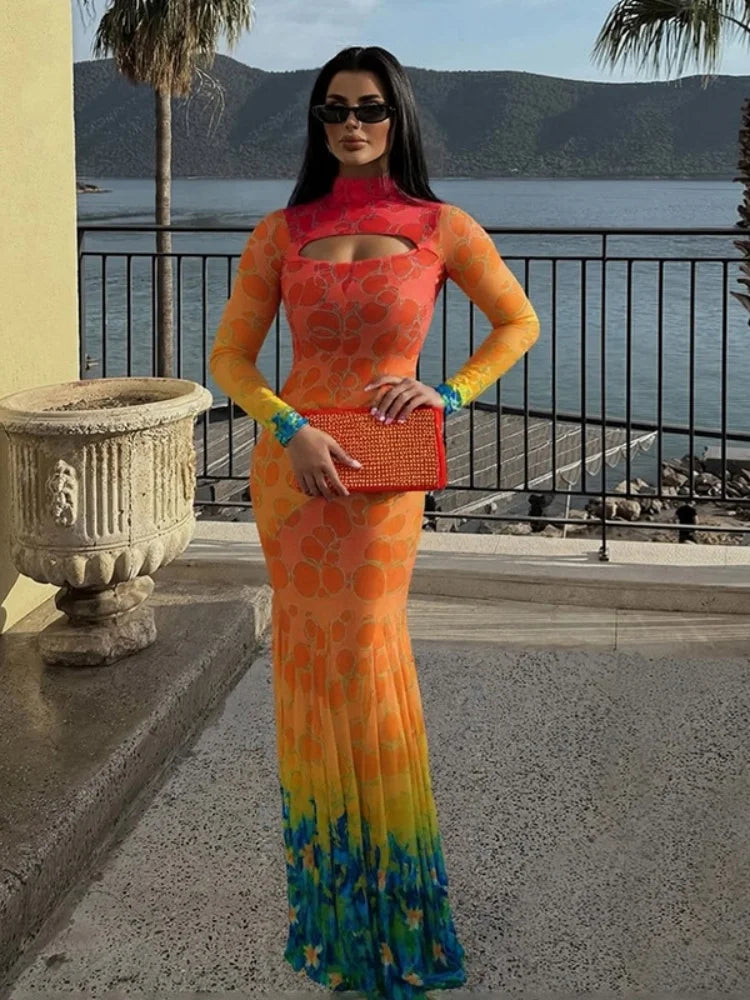 See Through Mesh Print Mermaid Dresses Woman Sexy Beach Party Hollow Long Sleeve Maxi Dress