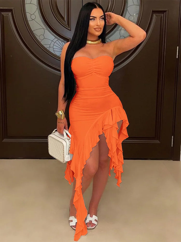 Sexy Ruffles Dress Women Summer Starpless Irregular Patchwork Iregular Tassel Hem Holidays Stretch Peach Hip Bodycon