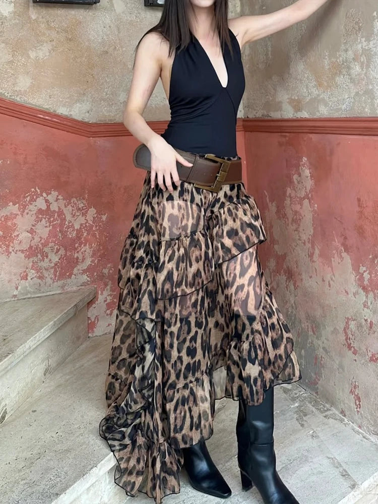 Ruched Tierred Long Skirts Women Leopard Print High Waist Stretch Bottoms Spicy Girls Fashion Trend Wild Streetwear