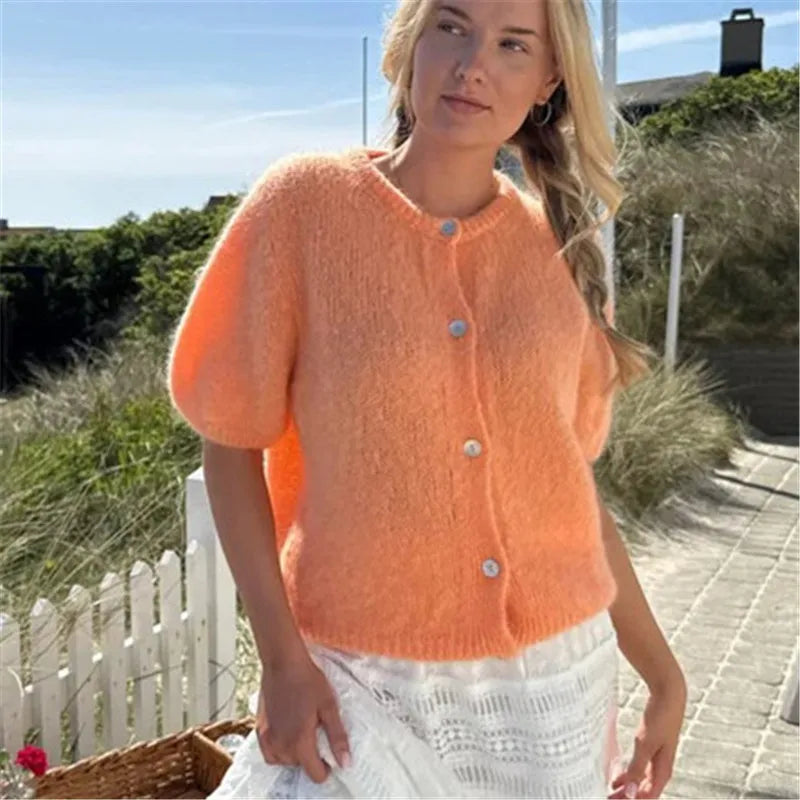 Y2k Cardigan Sweaters for Women Short Sleeve Button Down Knit Cardigans Casual Sweater Pullover Autumn Winter Tops