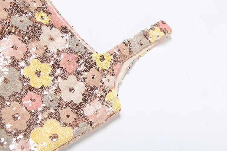 Colorful Flower Print Mini Dress Women Sequins Patchwork Skinny Backless Sleeveless Vacation Trend Elegant Outfits