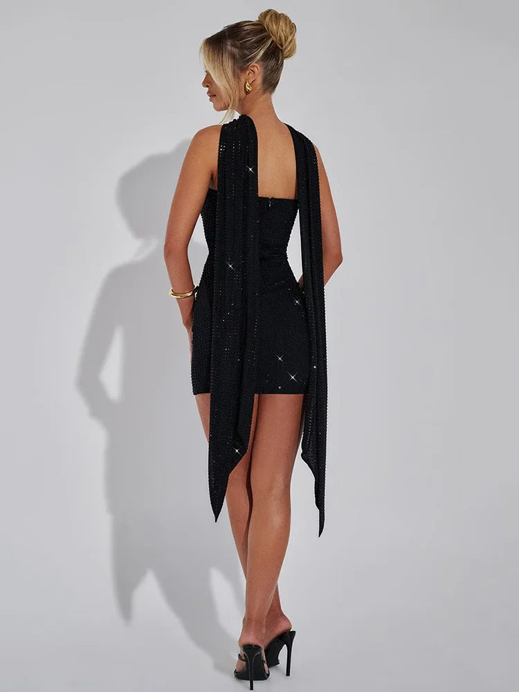 Sequins Backless Sexy Mini Dress For Women Robe Elegant Sparkle Scarf Collar Strapless Sleeveless Bodycon Club Dress