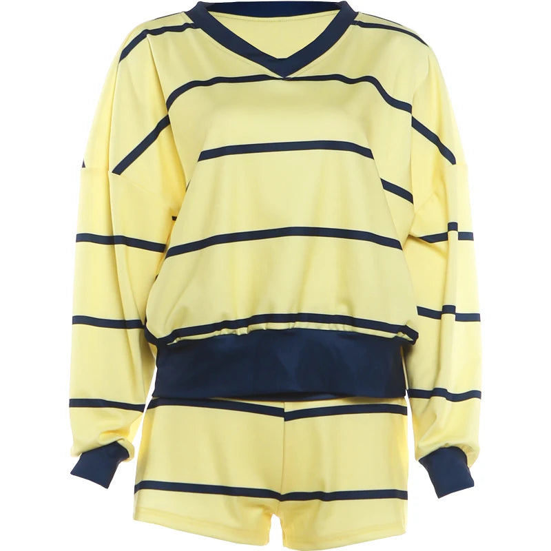 Sporty Stripes 2 Piece Set Women Color Blocking Trend Full Sleeve V-Neck T-Shirt+Bike Short Fashion Simple Streetwear