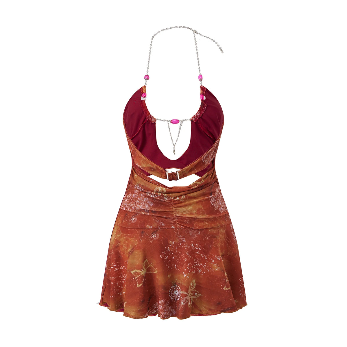 Sexy Floral Print Halter Cutout Mini Dress for Women Backless Bodycon with Beaded Chain Summer Beach Party Outfit