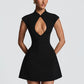 Women Cap Sleeve Sexy Mini Dress Stand Collar Cutout Front Lace Up Back Flared Dress A Line Party Cocktail Short Dress