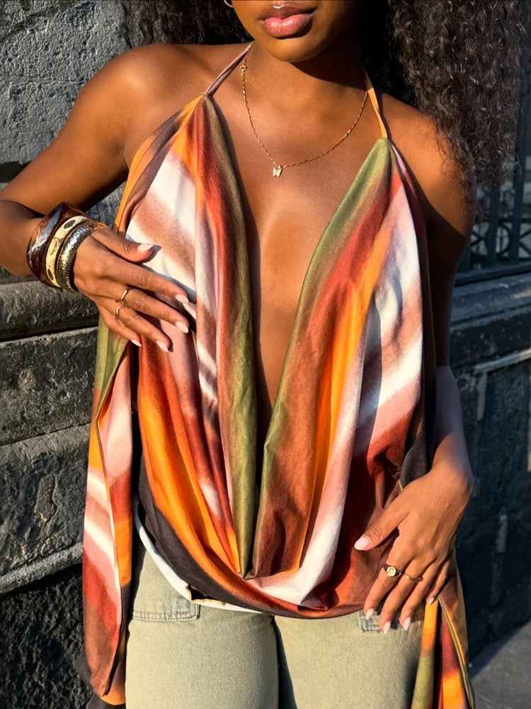 Colorful Print Tank Top Women Sexy Swing Collar Backless Halter Irregular Ribbon Patchwork Trend Street Club Vest