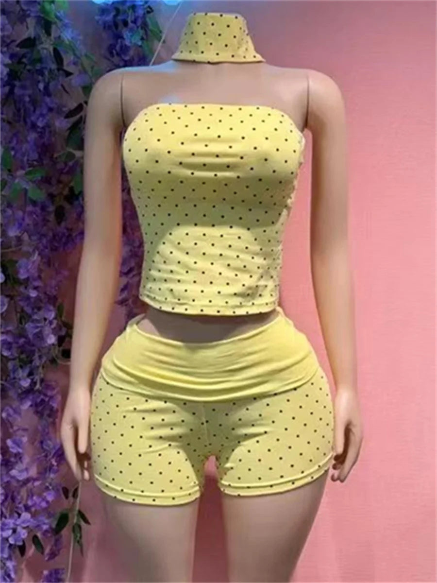 Chic Polka Dot Print 2 Piece Set Women Fashion Halter Tank Top+Patchwork Bike Short Sexy Trend Party Club Streetwear