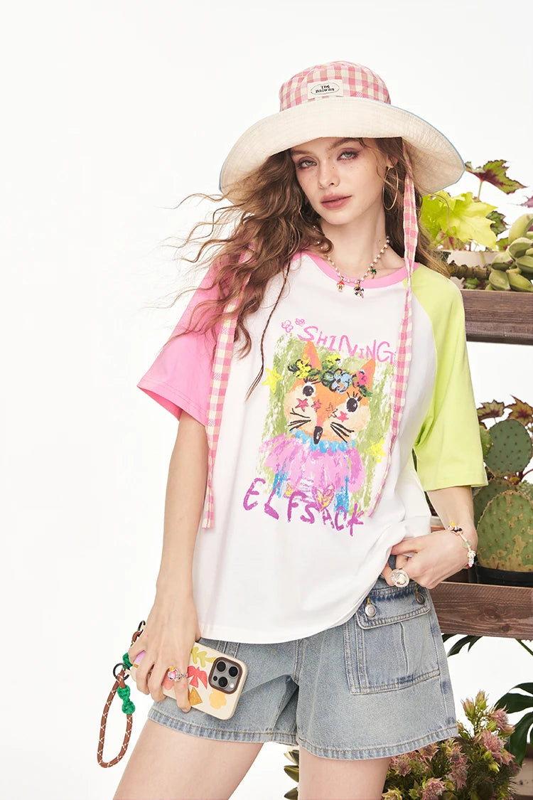 Playful Cartoon Fox Print Raglan T-Shirt, Color Block Short Sleeve Graphic Tee, Casual Cute Loose Top for Women