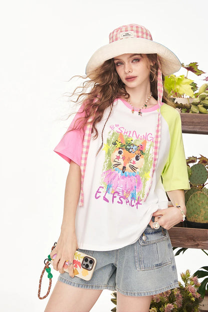 Playful Cartoon Fox Print Raglan T-Shirt, Color Block Short Sleeve Graphic Tee, Casual Cute Loose Top for Women