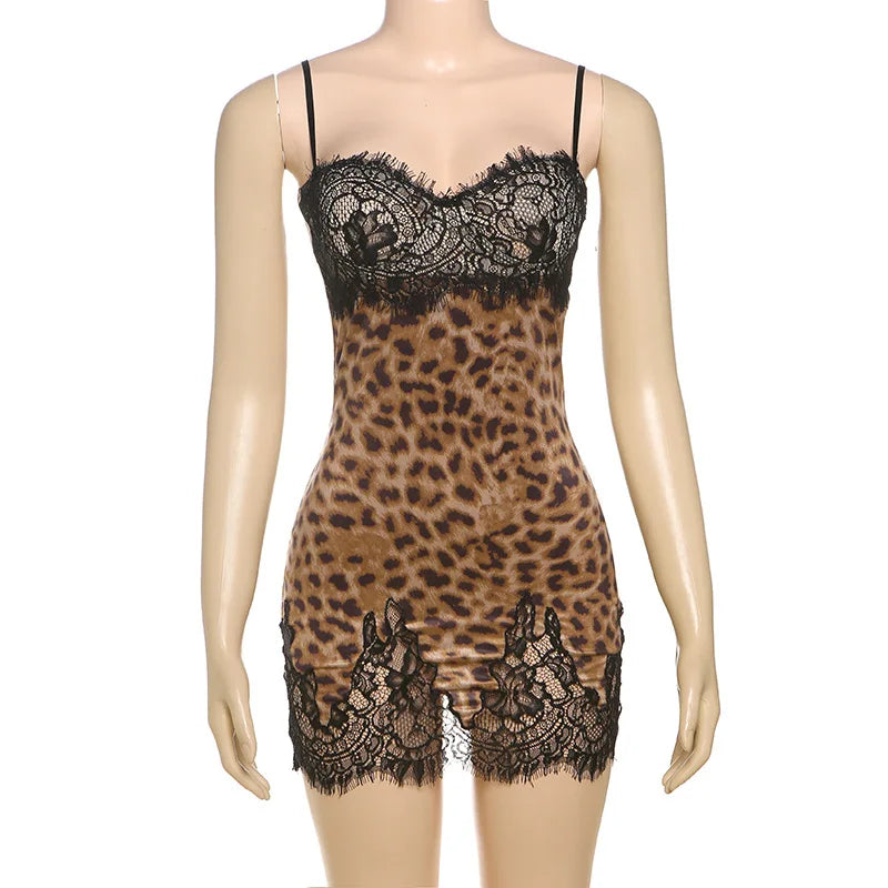 Leopard Print Sexy Dress for Woman Night Club Outfits Lace Trim Spaghetti Strap Backless Mini Dresses