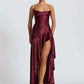 Satin Spaghetti Strap Ruffle Sexy Maxi Dress Women Off-shoulder Sleeveless Backless Thigh High Split Club Party Dress
