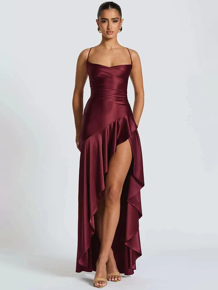 Satin Spaghetti Strap Ruffle Sexy Maxi Dress Women Off-shoulder Sleeveless Backless Thigh High Split Club Party Dress