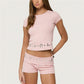 Women 2 Piece Set Rivet Trim Crew Neck Short Sleeve Crop Top Fold Over Waist Booty Shorts Y2K Streetwear Matching Set