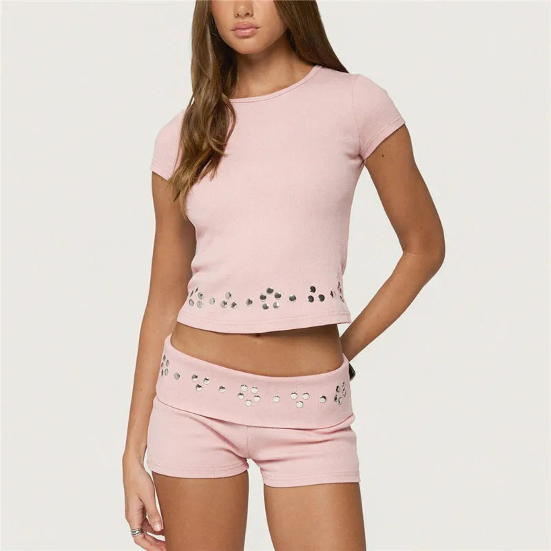 Women 2 Piece Set Rivet Trim Crew Neck Short Sleeve Crop Top Fold Over Waist Booty Shorts Y2K Streetwear Matching Set