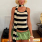 Stripe Print Camisole+Scarf Women Low-Neck Backless Skinny Stretch Summer High Street Casual Style Classic Tank Tops
