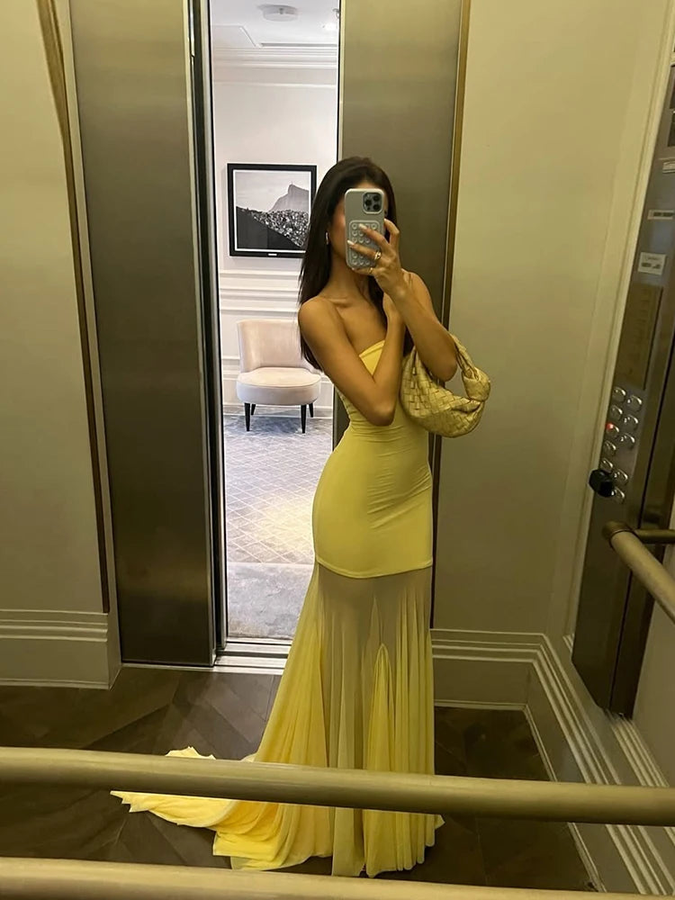 Patchwork See Through Dress Women Elegant Solid Pleated Strapless Sleeveless Backless Slim Banquet Party Vestidos