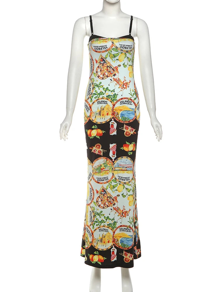 Patchwork Straps Dress Women Y2K Lemon Print Sleeveless Skinny Tight Vacation Beach Party Elegant Banquet Vestidos