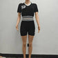Knit Patchwork 2 Piece Set Tracksuit Women Letter Print V-Neck Crop Tops+Skinny Shorts Casual Fashion Sporty Outfits