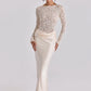 Off Shoulder Lace Satin Maxi Dress Women Elegant Long Sleeve Ruched Bodycon Mermaid Evening Club Party Formal Dress