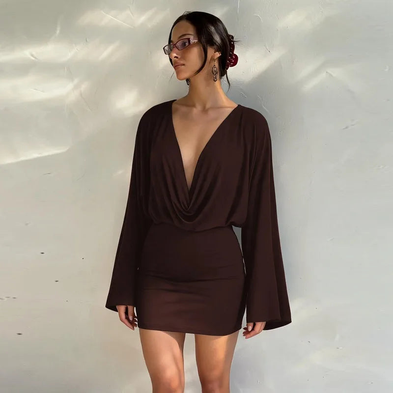 Deep V Neck Long Sleeve Mini Dress Autumn 2026 Fashion Elegant Brown Dresses for Woman Clothing