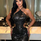 Sequins Patchwork Dress Woman Summer Trend Bandage Halter Off Shoulder Backless Midnight Club Party Sexy Mini Bodycon