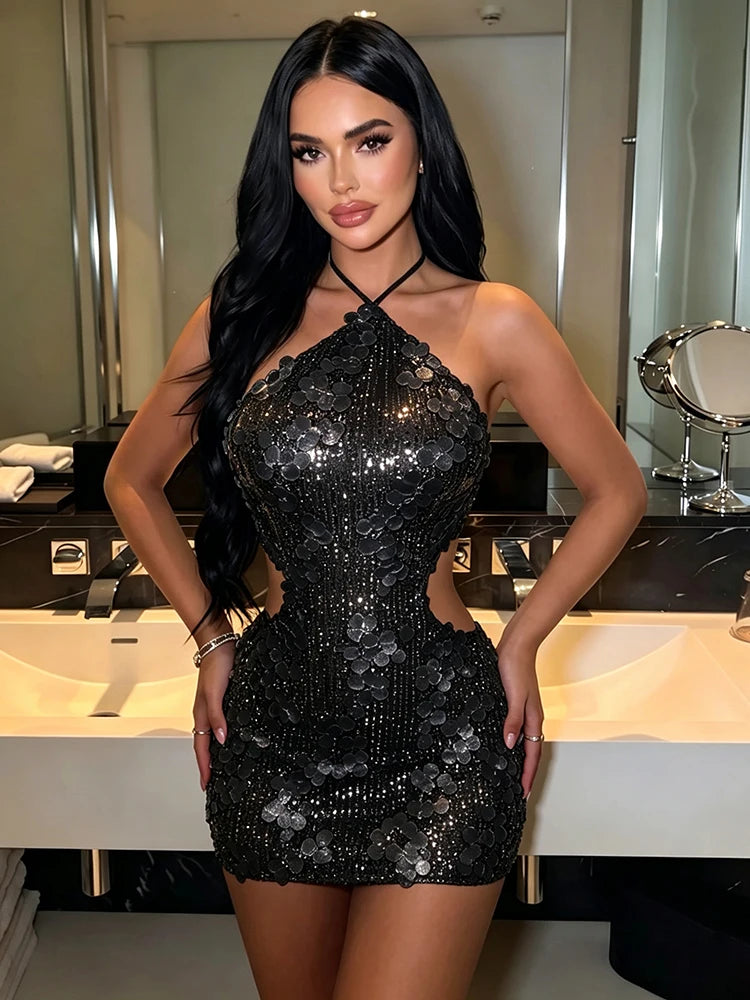 Sequins Patchwork Dress Woman Summer Trend Bandage Halter Off Shoulder Backless Midnight Club Party Sexy Mini Bodycon
