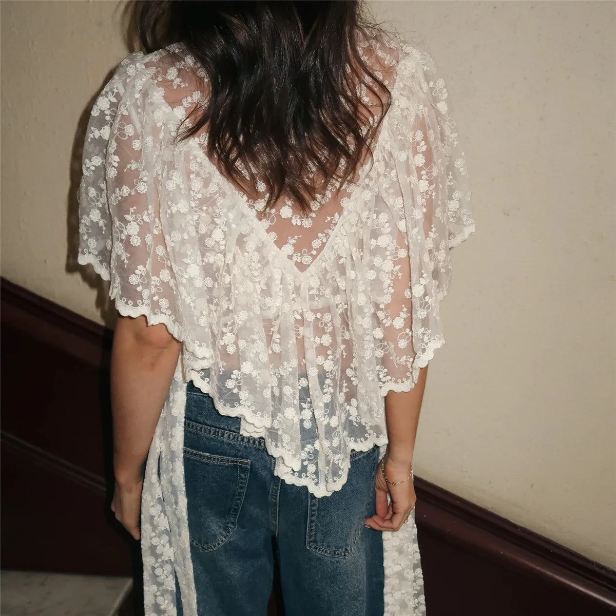 Y2K Fairy Mesh See Through Casual High Neck Looseshawls Women Floral Lace Embroidery Shawl Tops Asymmetrical Streetwear