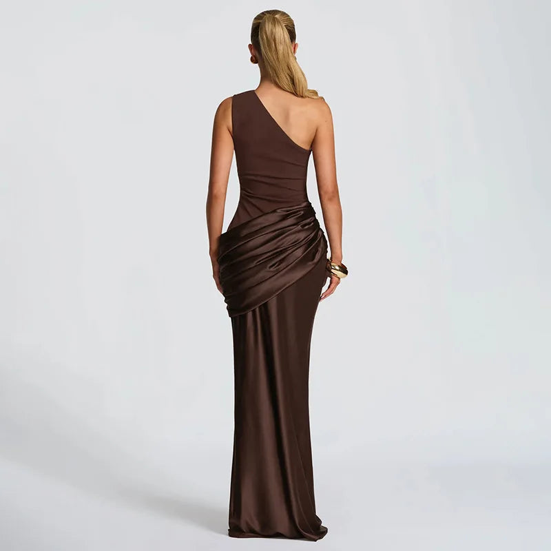 One Shoulder Pleated Satin Patchwork Fishtail Maxi Dresses Sexy Elegant Party Wedding Guest Dress Women