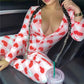 Women Plus Size Christmas Pajama Long Sleeve V Neck Button Printed Bodycon Jumpsuit Loungewear Home Sleepwear Night Suit
