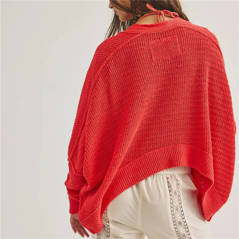 Women Open Front Waffle Knit Cardigan Batwing Long Sleeve Loose Irregular Hem Hollow Knitted Outerwear Boho Casual Top