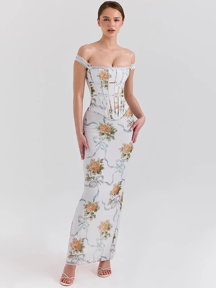 Vintage Print Sexy Maxi Dress Women Gown Summer Off-shoulder Sleeveless Backless Bodycon Club Party Long Dress Elegant
