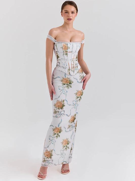 Vintage Print Sexy Maxi Dress Women Gown Summer Off-shoulder Sleeveless Backless Bodycon Club Party Long Dress Elegant