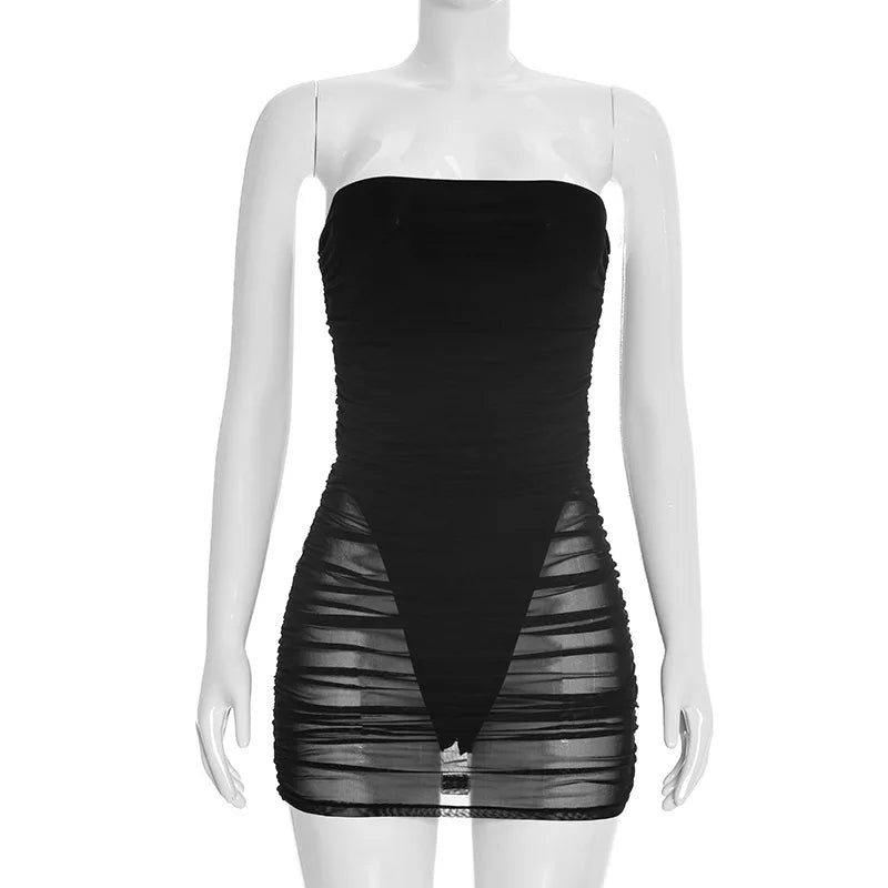 Women Strapless Mesh Ruched Mini Dress Sheer Bodycon Tube Top Dress Sexy Clubwear Party Outfit with Thong Underneath