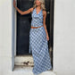 Vintage Plaid Print Halter Neck Two Piece Set Cowl Neck Backless Crop Top and Maxi Skirt Summer Retro Inspired Outfits