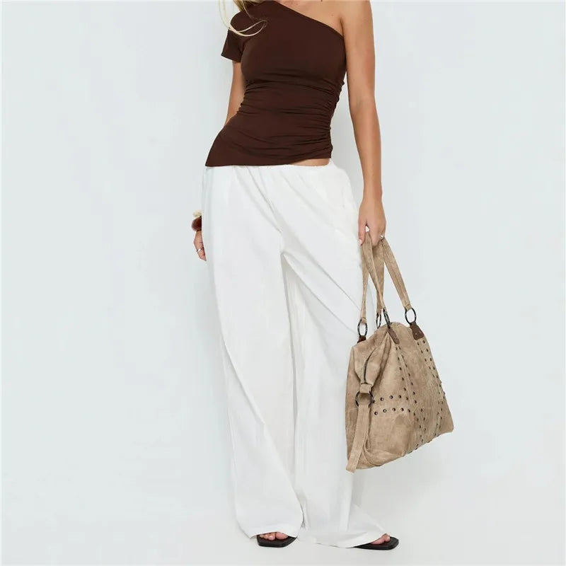American Minimalist Elastic Waist Wide Leg Pants Women Oversized Draped Baggy Floor Length Casual Daily Office Trousers