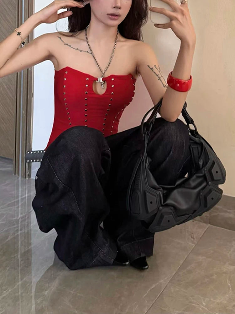 Party Coquette Tank Top Women Hollow Rivet Classic Trend Sleeveless Stretch Skinny Midnight Sexy Christmas Club Vests