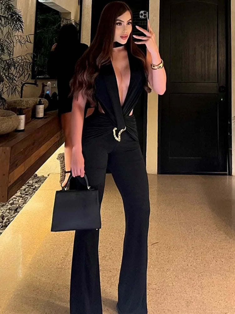 Sexy Jumpsuits for Woman Outfit Club Wear One Pieces Sleeveless Deep V Neck Backless Flare Jumpsuit