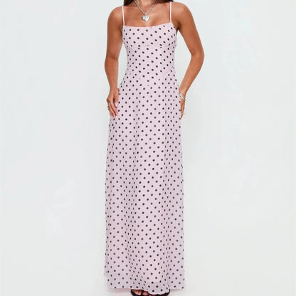 Y2K Polka Dot Print Maxi Dress for Women Spaghetti Strap Lace Up Back A Line Chiffon Long Dress for Elegant Wear