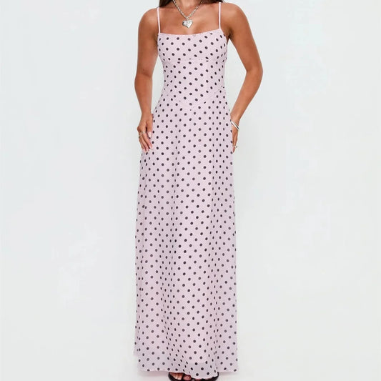 Y2K Polka Dot Print Maxi Dress for Women Spaghetti Strap Lace Up Back A Line Chiffon Long Dress for Elegant Wear