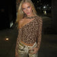 Leopard Print Mesh Sheer Sexy One Shoulder Top Long Sleeve Shirts & Blouses Woman Fall 2025