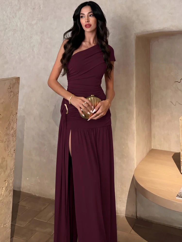 Women One Shoulder Ruched Sexy Maxi Dress Elegant Sleeveless Backless Metal Buckle Waist Draped Club Party Long Dress