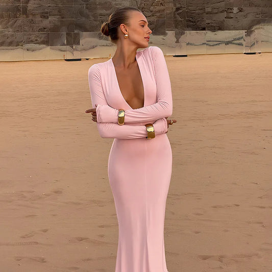 Deep V Neck Long Sleeve Maxi Dress Pink Sexy Elegant Evening Dresses for Woman Party Wear Winter
