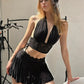 Sexy 2Piece Set Women Y2K Patchwork Lace V-Neck Sleeveless Backless Folds Halter Tops+Wave Edge Skirt Matching Suit