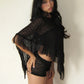 Y2K Lace Sheer Poncho Women Tassel Trim Cape Top Hollow Out Mesh Cropped Shawl Bohemian Beach Cover Up Retro Streetwear