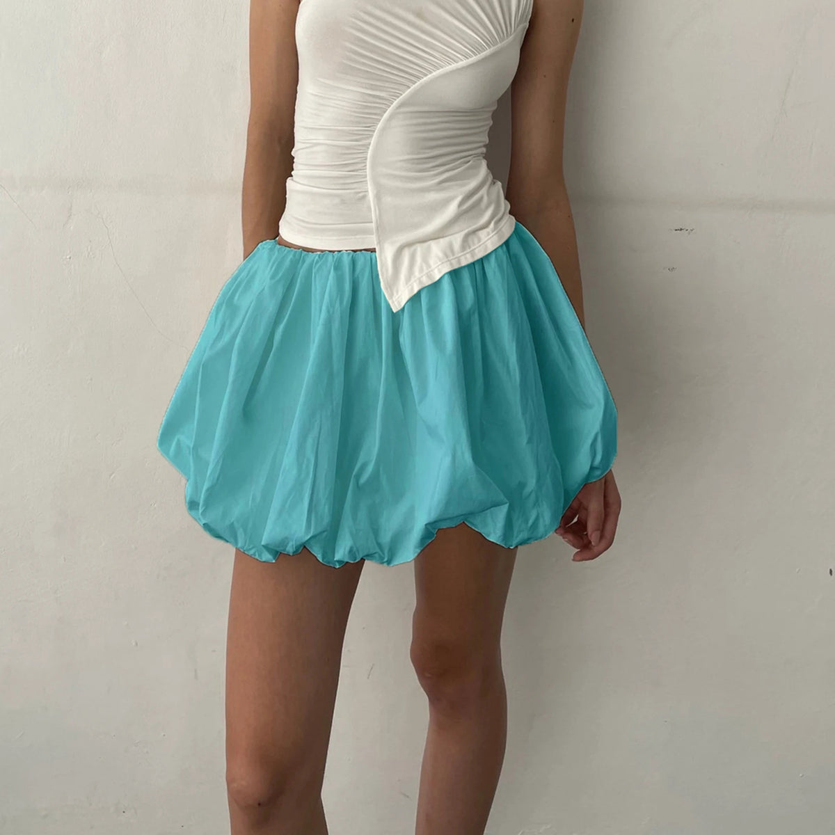 Women Y2K Bubble Skirt Elastic Waist Pleated Ruffle Hem A Line Mini Skirt Girls Cute Short Puffy Balloon Skirt