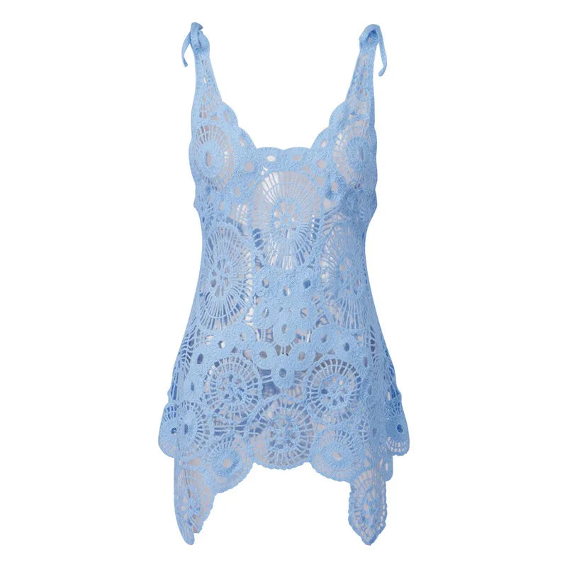 Sexy Women Crochet Swimsuit Coverups Slim U Neck Hollow Out Sleeveless Irregular Hem Mini Summer Beach Dress