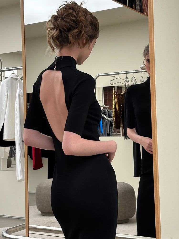 Sexy Backless Long Dress Woman Summer Trend Turtleneck Short Sleeve High Waist Skinny Stretch Prom Elegant Vestidos