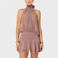 Elegant Halter Neck Mini Dress Backless Pleated High Waist Layered Ruffle Hem Solid Color Short Dress Party Club Outfit